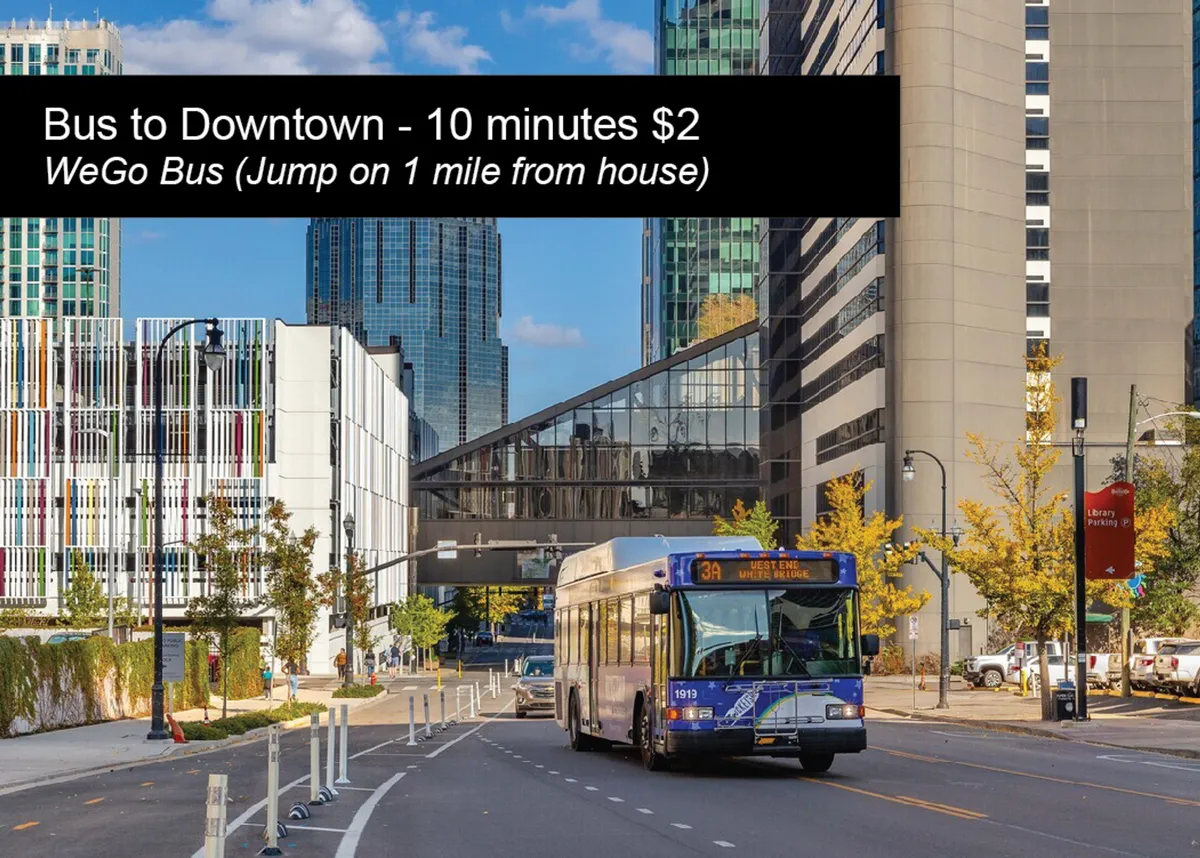 This dynamic exterior image features a WeGo bus traveling past modern buildings and tree-lined streets, capturing the energy of city life. The urban environment is bustling yet accessible, with clear transport options in view.