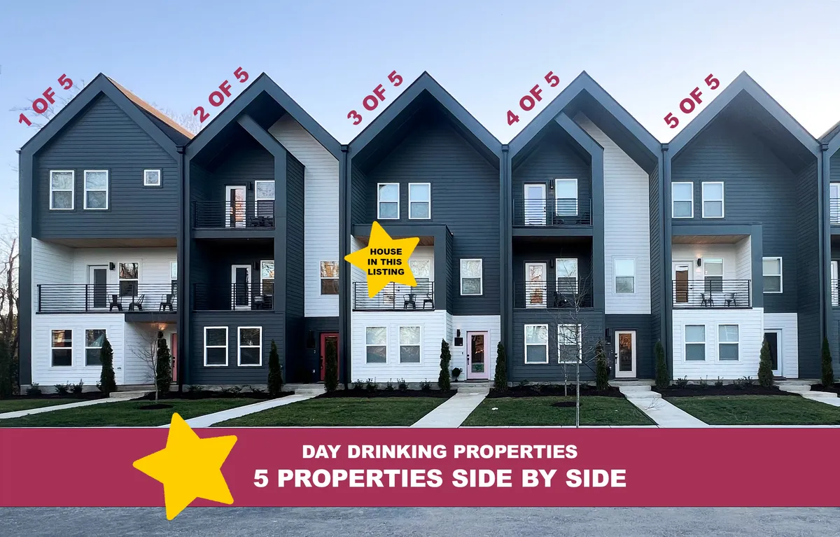 A row of five modern houses with prominent signage and symmetrical architecture, set in a friendly, communal neighborhood. Balconies suggest outdoor gatherings, and the sunset lighting adds warmth and vibrancy.