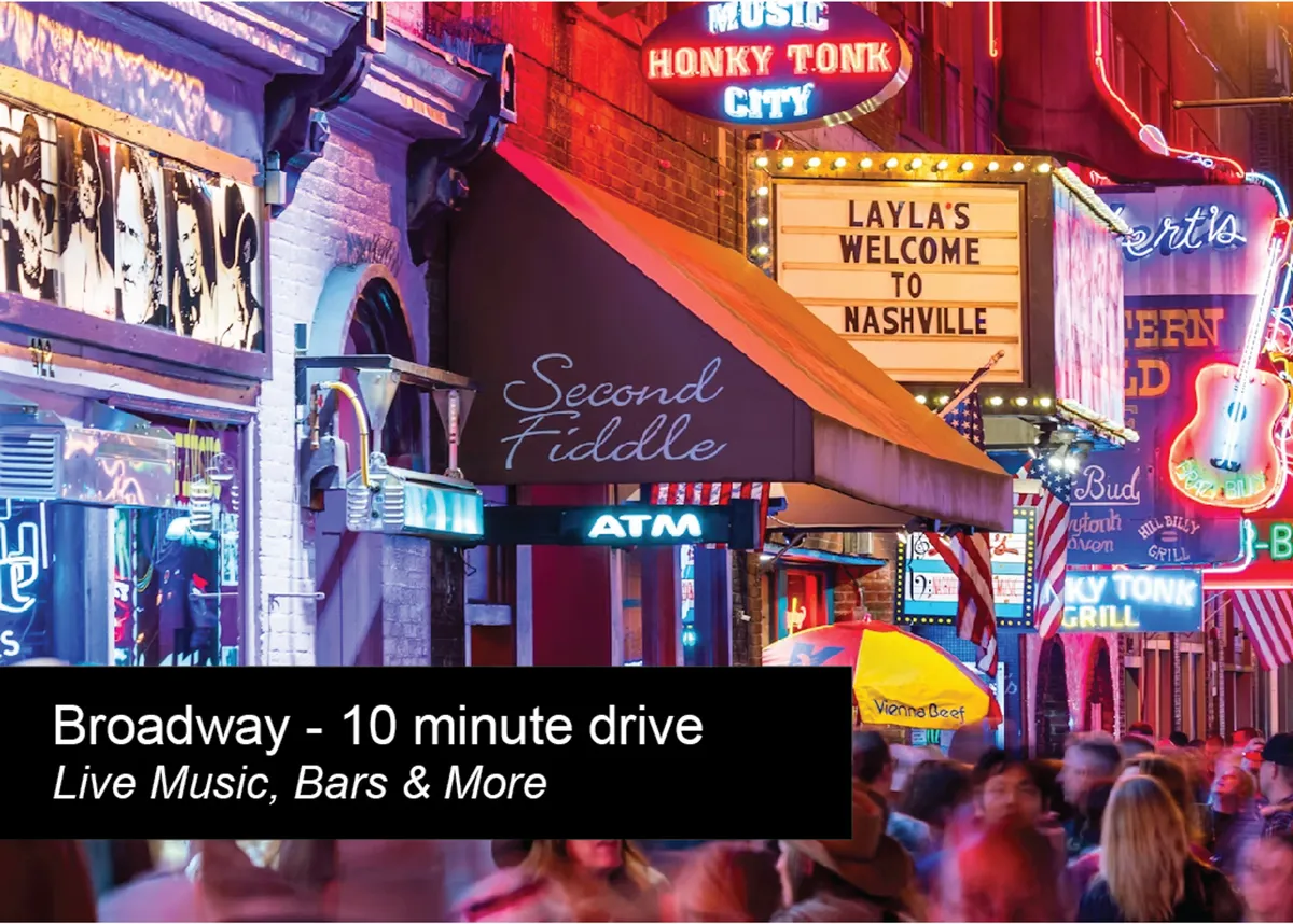 This image captures the iconic neon signs and bustling crowds at the entrances of Broadway bars. The scene is alive with people socializing and heading into venues, perfectly echoing the vibrant nightlife and live music culture Nashville is famous for.