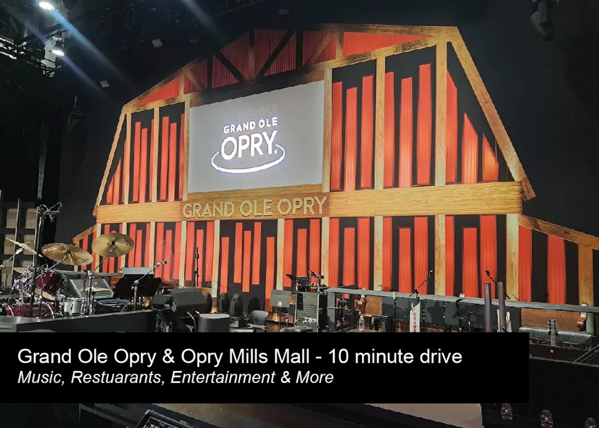 A lively interior view of the iconic Grand Ole Opry, featuring its distinctive sign, a stage setup with musical instruments, and a setting ready for live performances. The scene captures the excitement and heritage of Nashville's music scene.