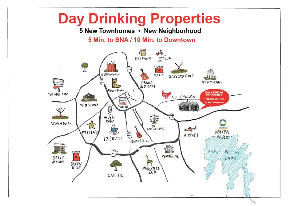 A lively map-focused exterior image featuring 'Day Drinking Properties', neighborhood landmarks, and transportation routes. The mood is social and adventurous, inviting guests to explore nearby bars, restaurants, and local hotspots.