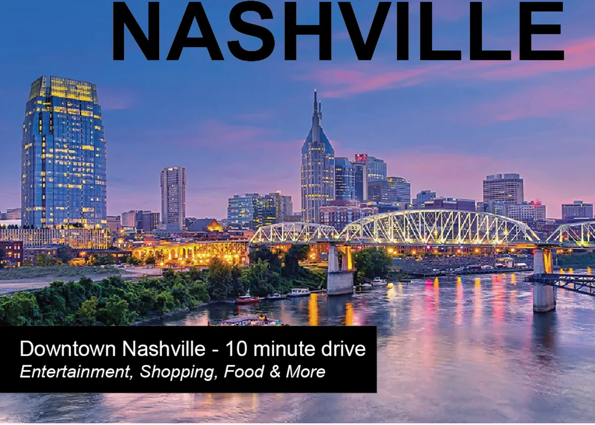 A sweeping view of the Nashville skyline, bridges, river, and downtown buildings, showcasing the city's energetic atmosphere and iconic urban setting.