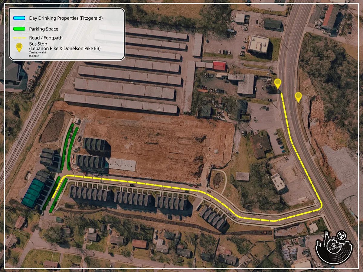 This practical scene showcases parking spaces, a nearby bus stop, safe walking paths, and surrounding buildings—emphasizing ease of movement between the property and public transport.